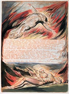 Jerusalén La Emancipación del Gigante Albión; Luego la Mano Divina mostrando a Cristo elevándose sobre Albión dentro de cuyo seno la Mano Divina encontró los Dos Límites, Satanás y Adán, 1804 (grabado en relieve) de William Blake